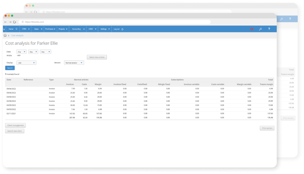 Bloobiz cost analysis screen