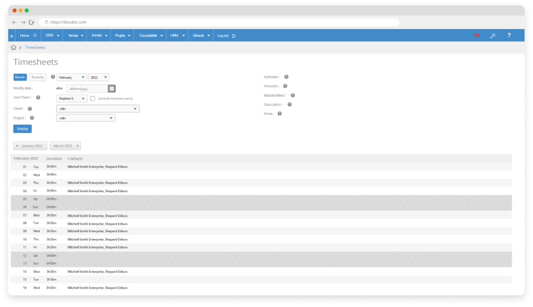 Timesheets screen